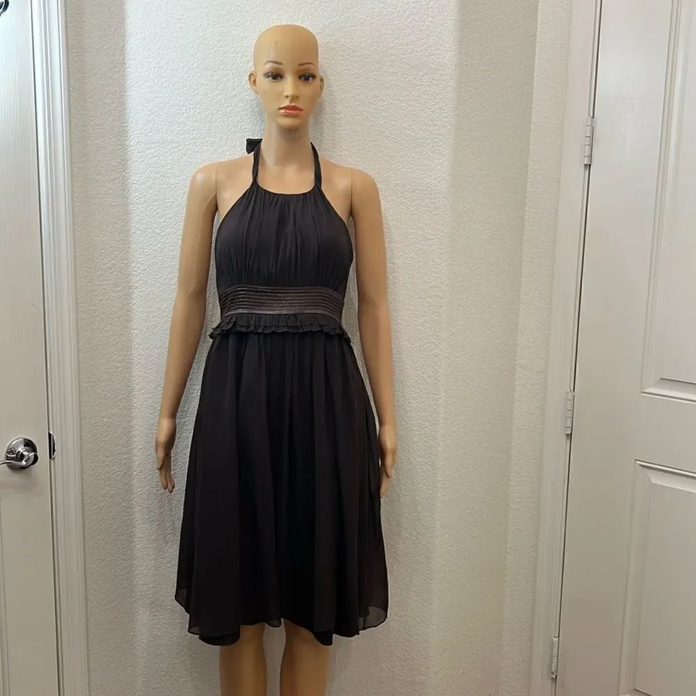 BCBG Paris Dress Sz 2 Dark Brown Gold Halter Dress Midi Tie Neck Zipper Lined